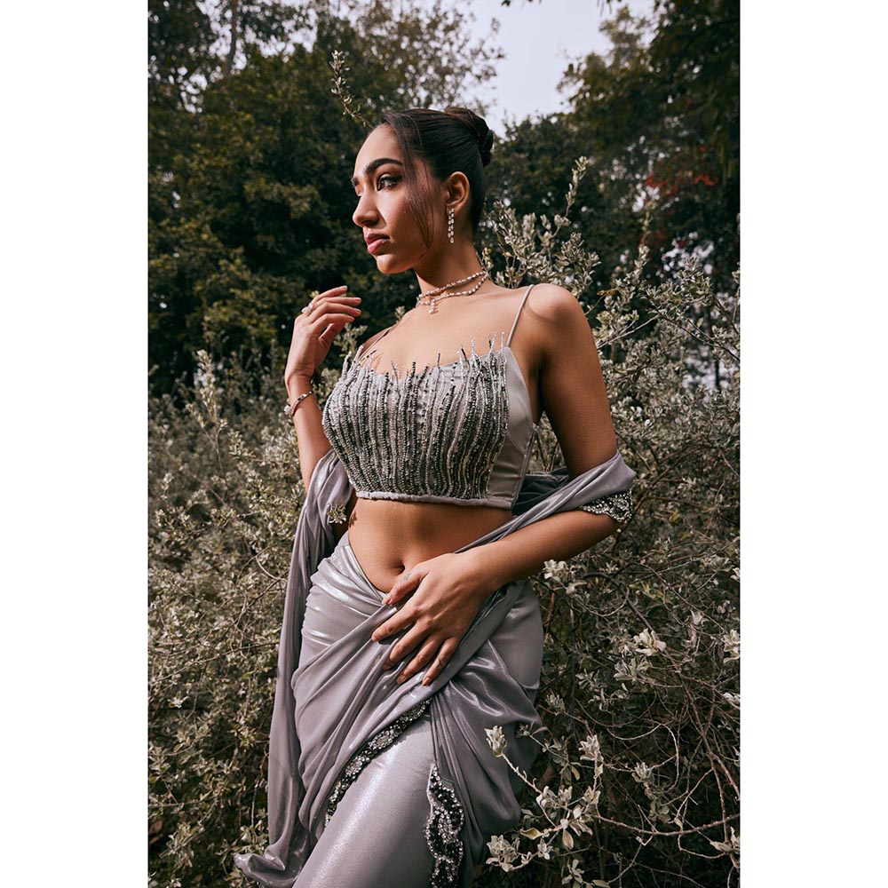 Saanjh by Lea Sobia Grey Shimmer Chiffon Pre-Draped Saree with Stitched Blouse