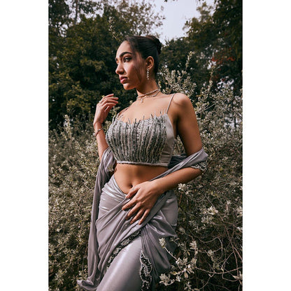 Saanjh by Lea Sobia Grey Shimmer Chiffon Pre-Draped Saree with Stitched Blouse