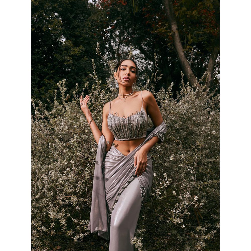 Saanjh by Lea Sobia Grey Shimmer Chiffon Pre-Draped Saree with Stitched Blouse