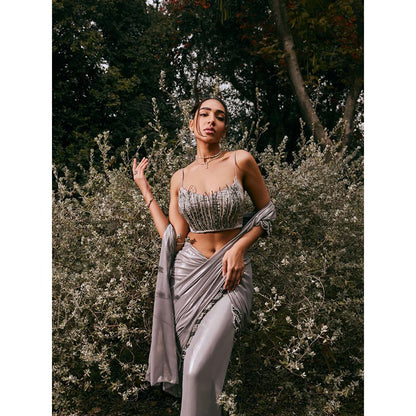 Saanjh by Lea Sobia Grey Shimmer Chiffon Pre-Draped Saree with Stitched Blouse