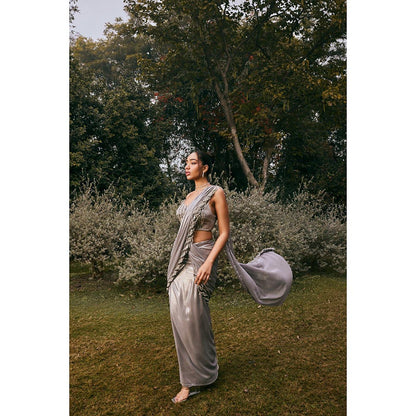 Saanjh by Lea Sobia Grey Shimmer Chiffon Pre-Draped Saree with Stitched Blouse