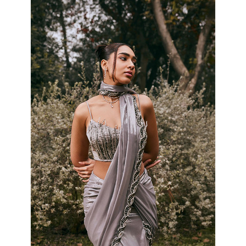 Saanjh by Lea Sobia Grey Shimmer Chiffon Pre-Draped Saree with Stitched Blouse
