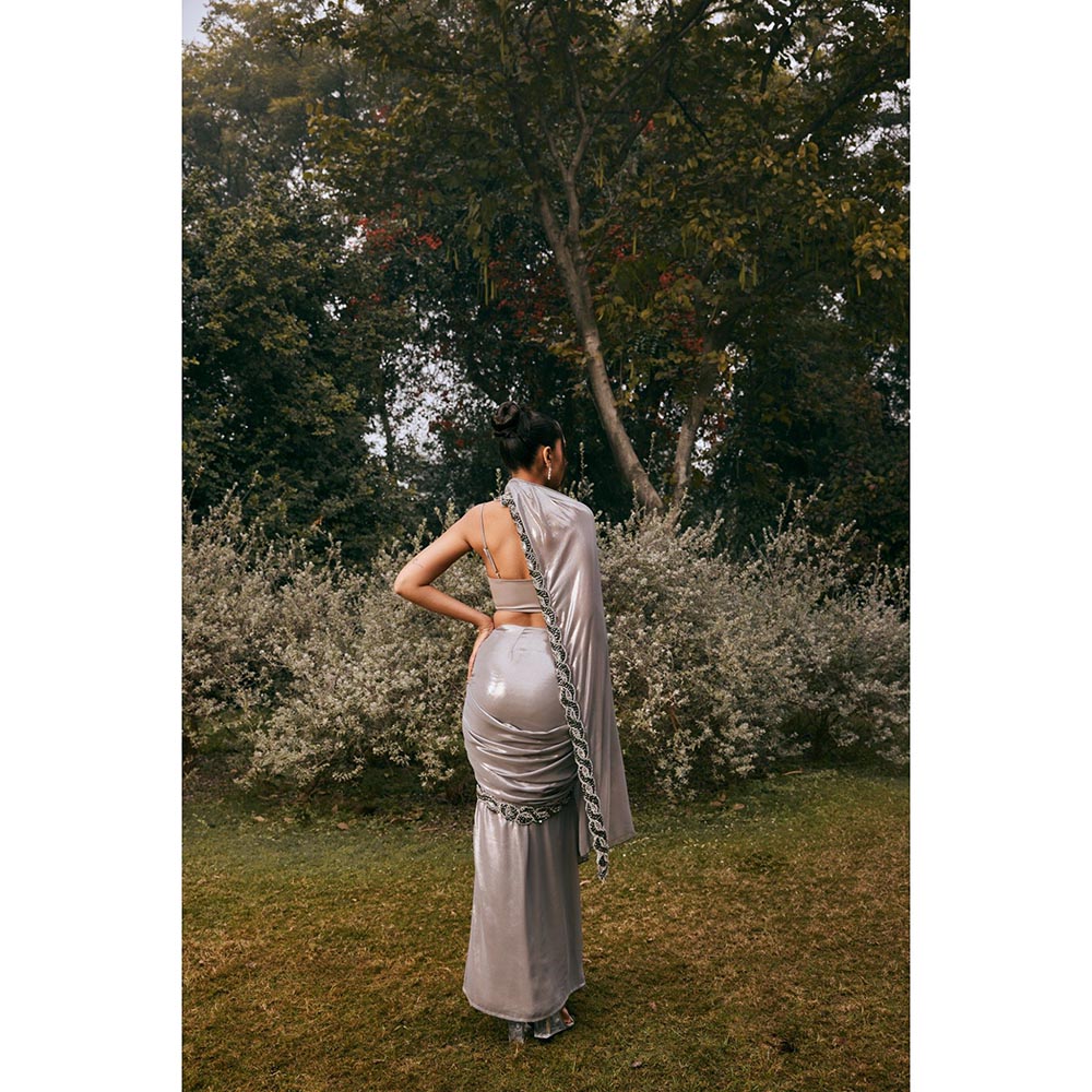 Saanjh by Lea Sobia Grey Shimmer Chiffon Pre-Draped Saree with Stitched Blouse