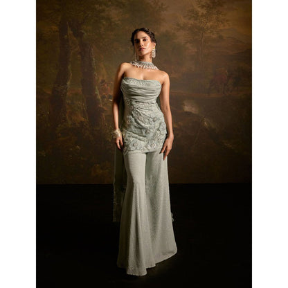 Saanjh by Lea Nakhat Sage Green Embroidered Short Kurta with Sharara and Dupatta (Set of 3)