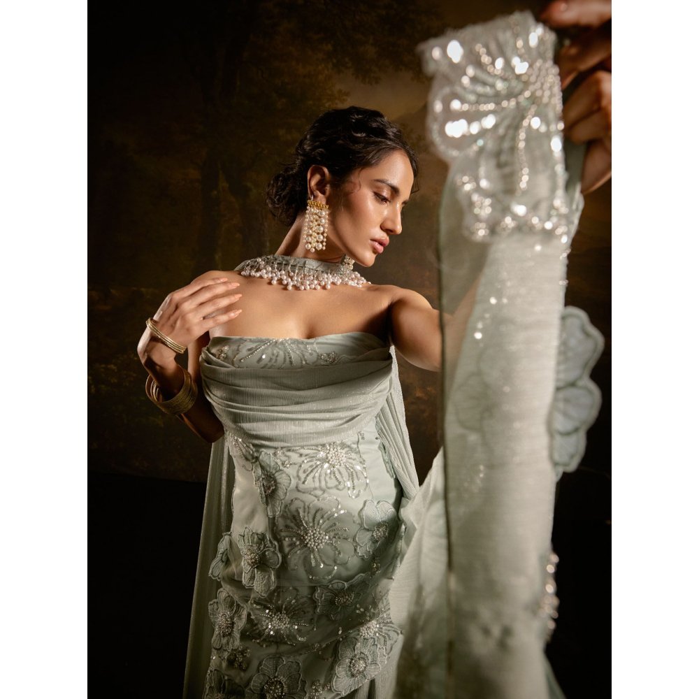 Saanjh by Lea Nakhat Sage Green Embroidered Short Kurta with Sharara and Dupatta (Set of 3)