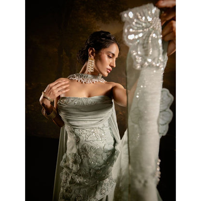 Saanjh by Lea Nakhat Sage Green Embroidered Short Kurta with Sharara and Dupatta (Set of 3)