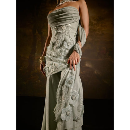 Saanjh by Lea Nakhat Sage Green Embroidered Short Kurta with Sharara and Dupatta (Set of 3)