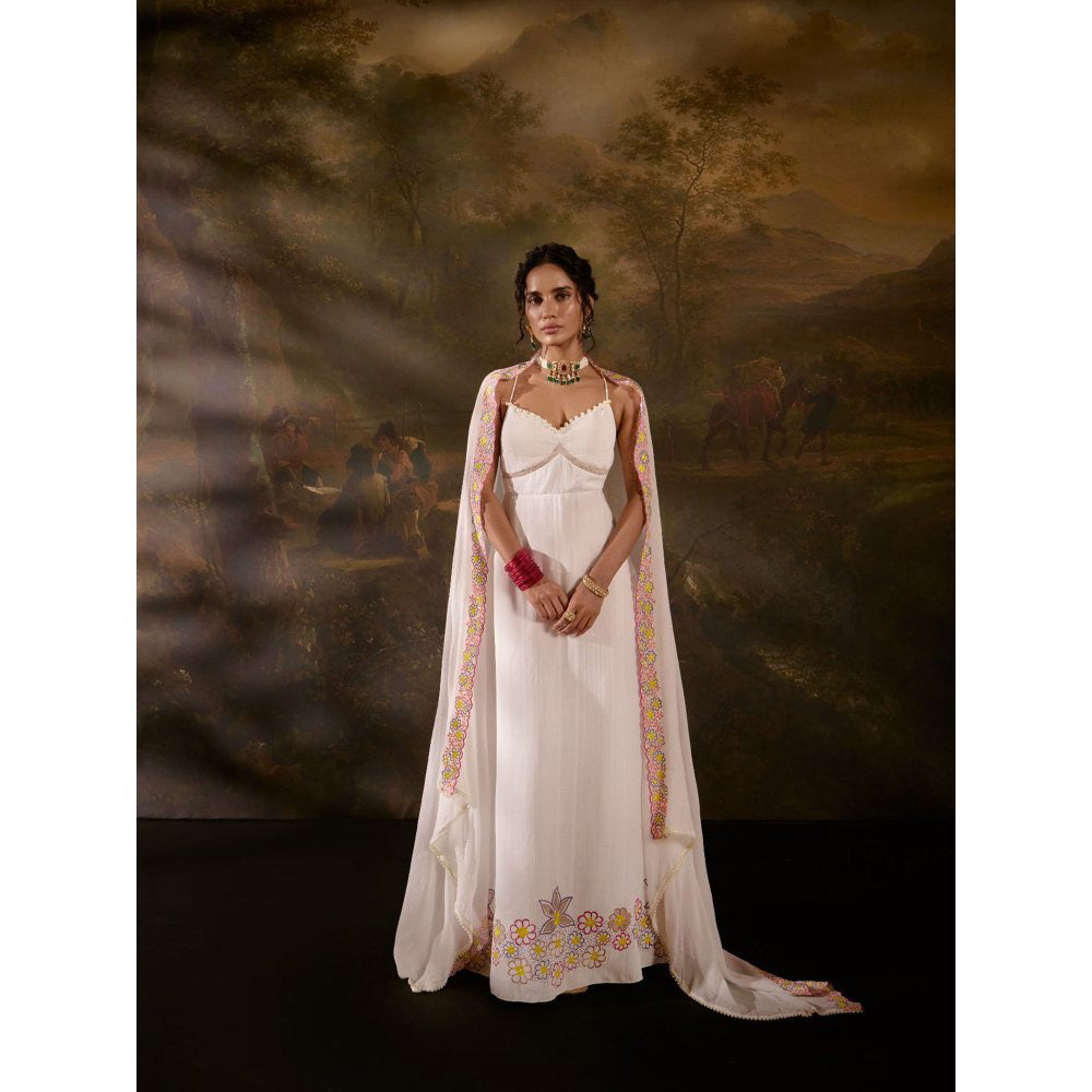 Saanjh by Lea Aadyasha White Floral Anarkali with Churidar and Dupatta (Set of 3)