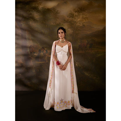 Saanjh by Lea Aadyasha White Floral Anarkali with Churidar and Dupatta (Set of 3)