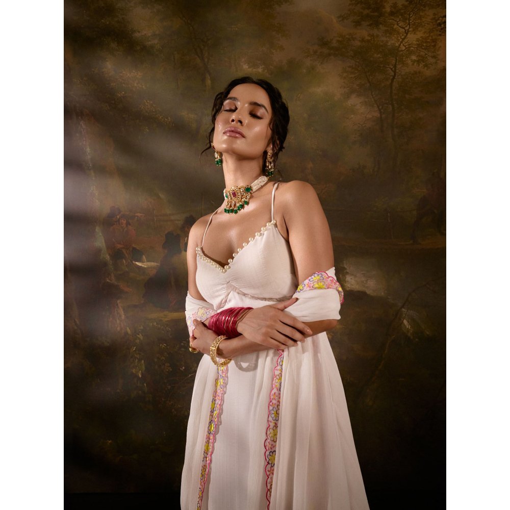 Saanjh by Lea Aadyasha White Floral Anarkali with Churidar and Dupatta (Set of 3)