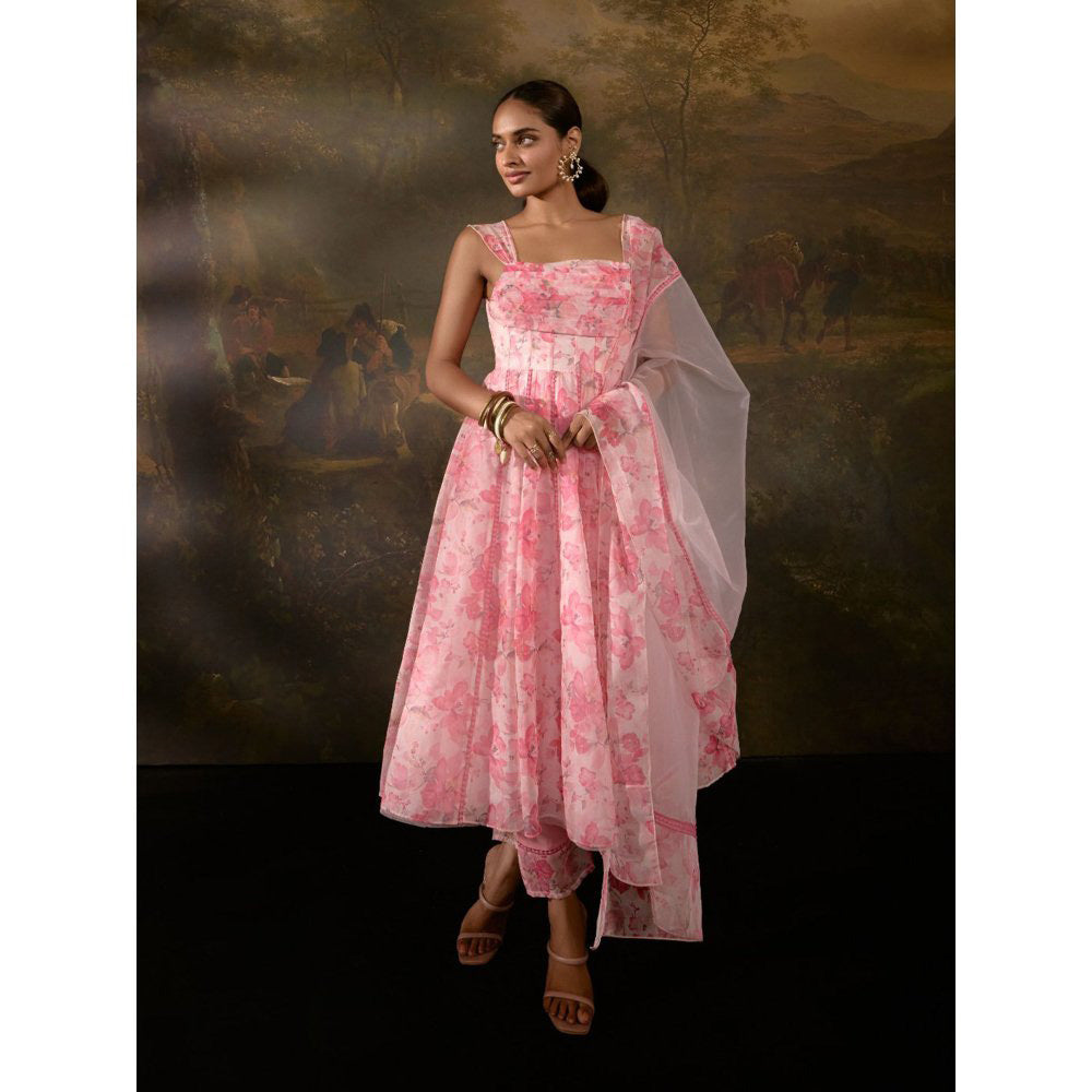 Saanjh by Lea Tanvee Pink Floral Printed Anarkali with Pant and Dupatta (Set of 3)