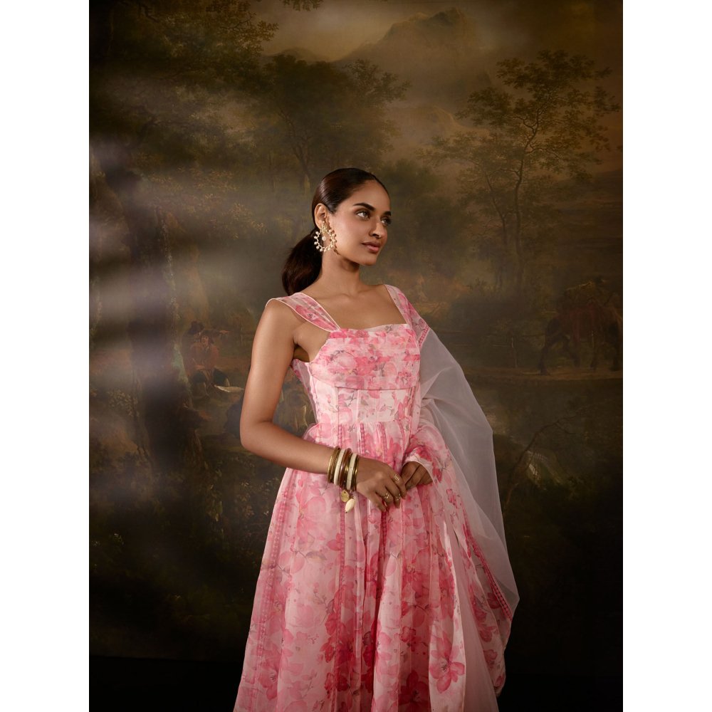 Saanjh by Lea Tanvee Pink Floral Printed Anarkali with Pant and Dupatta (Set of 3)