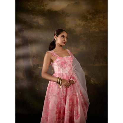 Saanjh by Lea Tanvee Pink Floral Printed Anarkali with Pant and Dupatta (Set of 3)