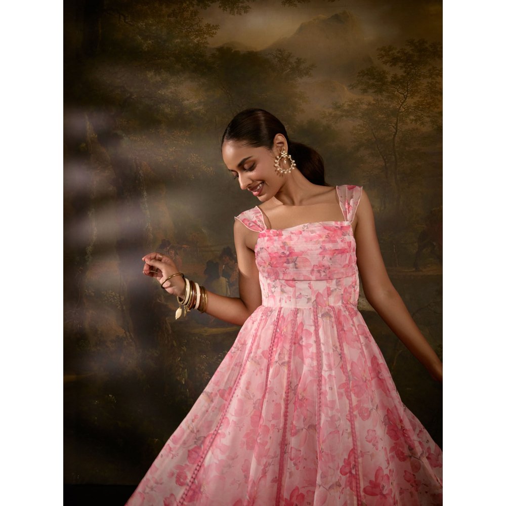 Saanjh by Lea Tanvee Pink Floral Printed Anarkali with Pant and Dupatta (Set of 3)