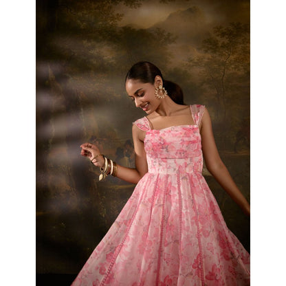 Saanjh by Lea Tanvee Pink Floral Printed Anarkali with Pant and Dupatta (Set of 3)