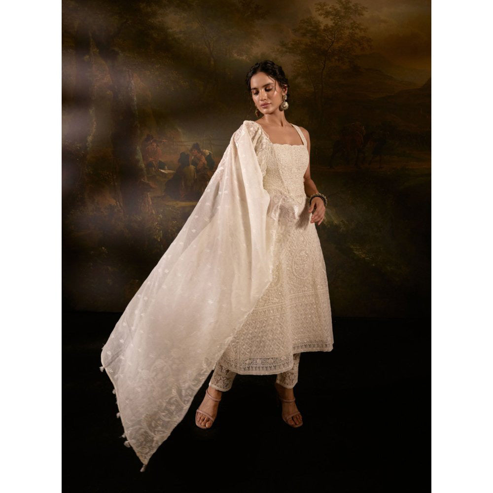 Saanjh by Lea Sajoon Beige Chikankari Anarkali with Pant and Dupatta (Set of 3)