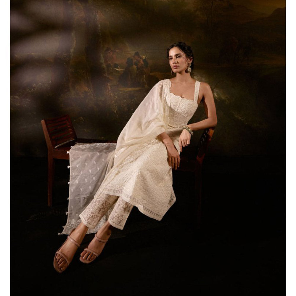 Saanjh by Lea Sajoon Beige Chikankari Anarkali with Pant and Dupatta (Set of 3)