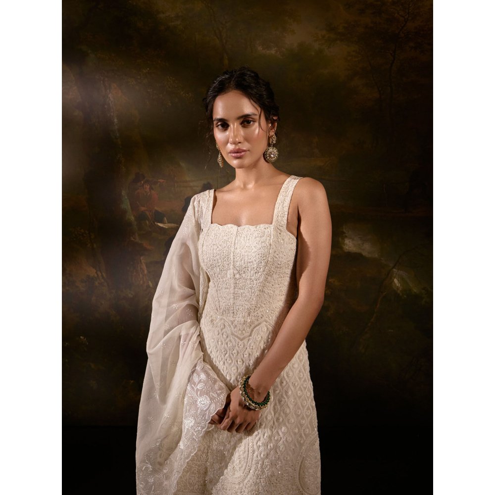 Saanjh by Lea Sajoon Beige Chikankari Anarkali with Pant and Dupatta (Set of 3)