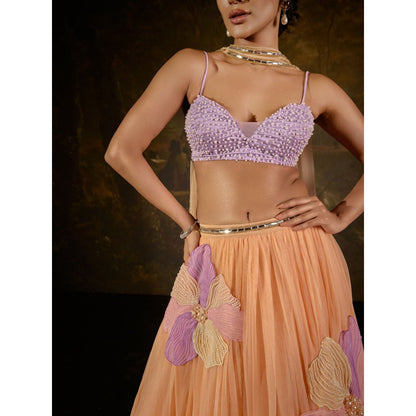 Saanjh by Lea Tasmeekh Orange Embroidered Lehenga with Blouse and Dupatta (Set of 3)