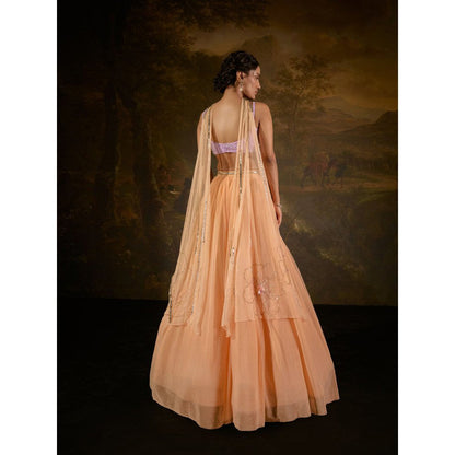 Saanjh by Lea Tasmeekh Orange Embroidered Lehenga with Blouse and Dupatta (Set of 3)