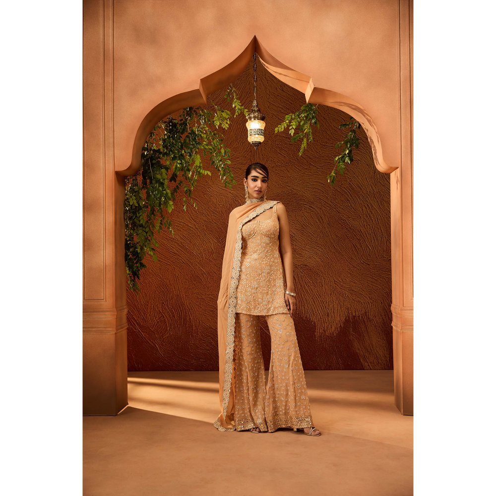 Saanjh by Lea Namya Buff Orange Embroidered Kurta with Sharara & Dupatta (Set of 3)