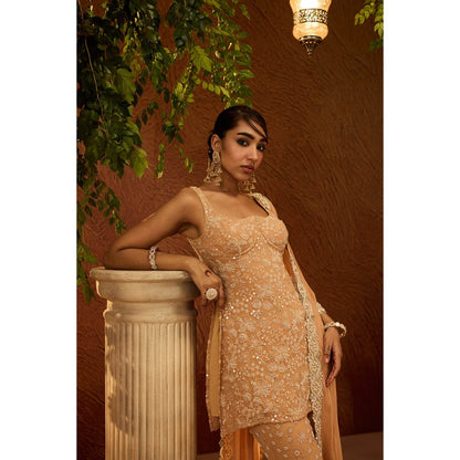 Saanjh by Lea Namya Buff Orange Embroidered Kurta with Sharara & Dupatta (Set of 3)