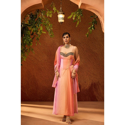 Saanjh by Lea Parnika Embroidered Anarkali Kurta Pant & Dupatta with Corset Belt (Set of 3)