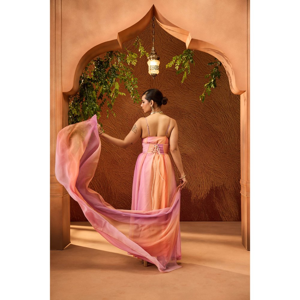 Saanjh by Lea Parnika Embroidered Anarkali Kurta Pant & Dupatta with Corset Belt (Set of 3)