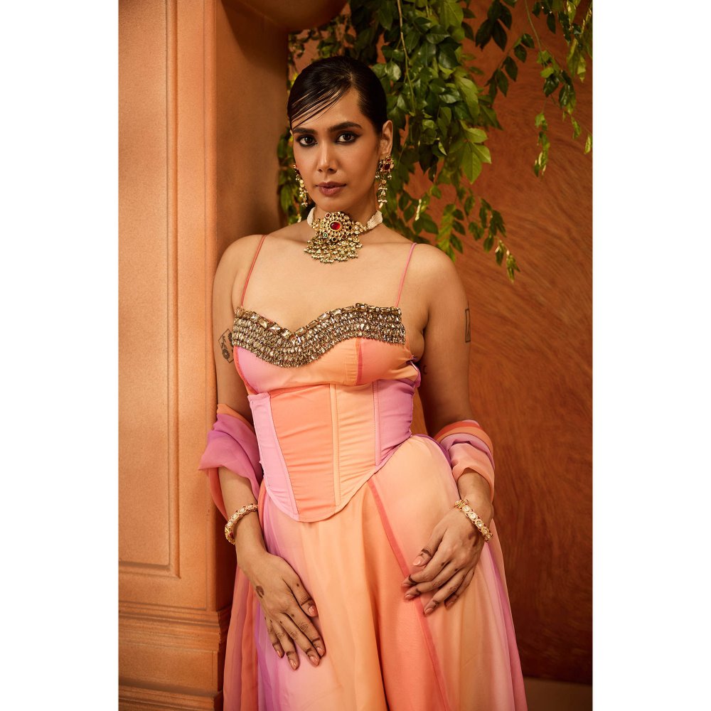 Saanjh by Lea Parnika Embroidered Anarkali Kurta Pant & Dupatta with Corset Belt (Set of 3)