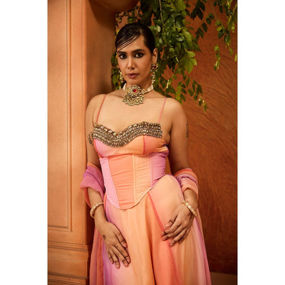 Saanjh by Lea Parnika Embroidered Anarkali Kurta Pant & Dupatta with Corset Belt (Set of 3)