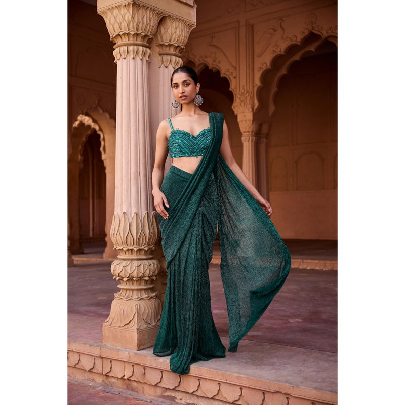 Saanjh by Lea Aazina Emerald Green Pre-Stitched Saree with Stitched Blouse