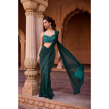 Saanjh by Lea Aazina Emerald Green Pre-Stitched Saree with Stitched Blouse
