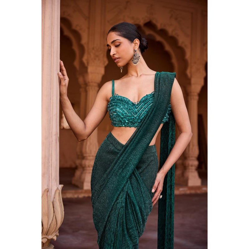 Saanjh by Lea Aazina Emerald Green Pre-Stitched Saree with Stitched Blouse