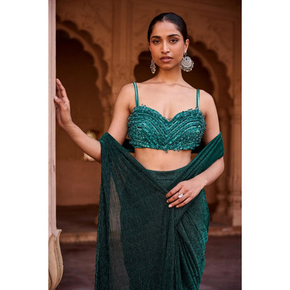 Saanjh by Lea Aazina Emerald Green Pre-Stitched Saree with Stitched Blouse