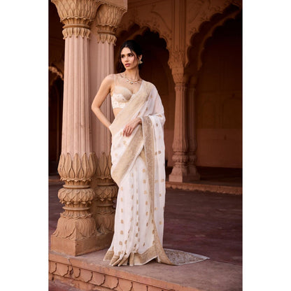 Saanjh by Lea Haniya White Banarasi Pre-Stitched Saree with Stitched Blouse