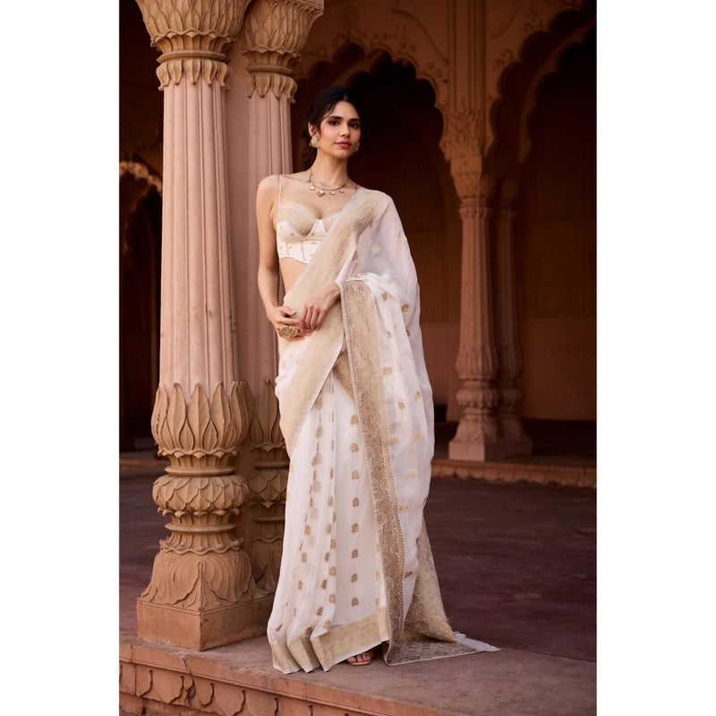 Saanjh by Lea Haniya White Banarasi Pre-Stitched Saree with Stitched Blouse