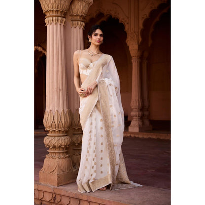 Saanjh by Lea Haniya White Banarasi Pre-Stitched Saree with Stitched Blouse