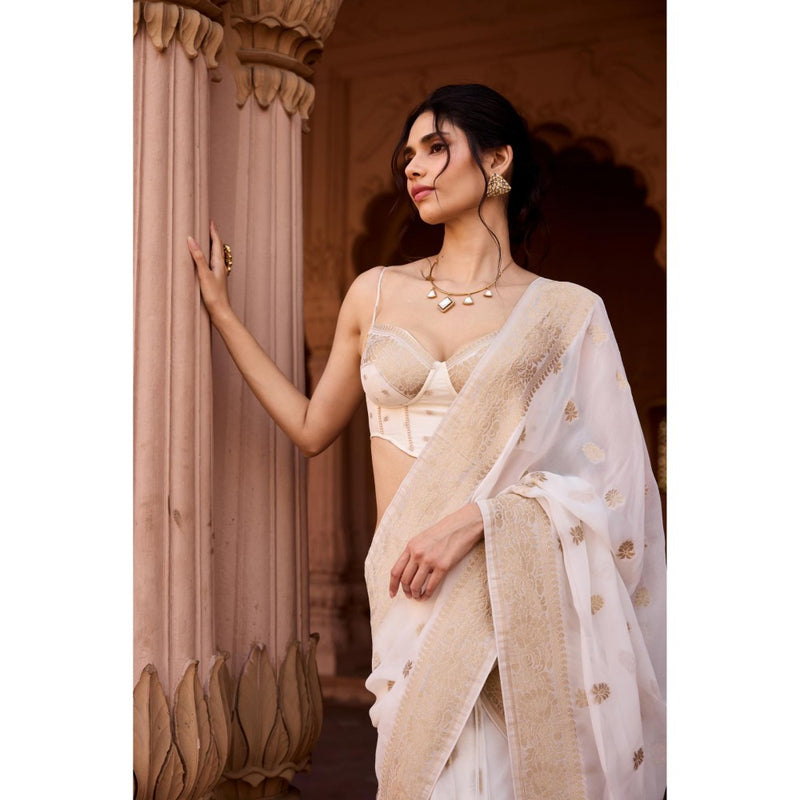 Saanjh by Lea Haniya White Banarasi Pre-Stitched Saree with Stitched Blouse