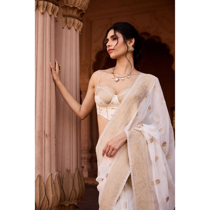 Saanjh by Lea Haniya White Banarasi Pre-Stitched Saree with Stitched Blouse