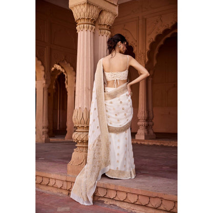 Saanjh by Lea Haniya White Banarasi Pre-Stitched Saree with Stitched Blouse