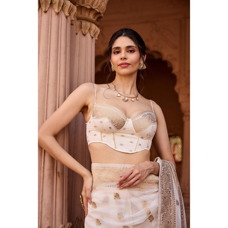 Saanjh by Lea Haniya White Banarasi Pre-Stitched Saree with Stitched Blouse