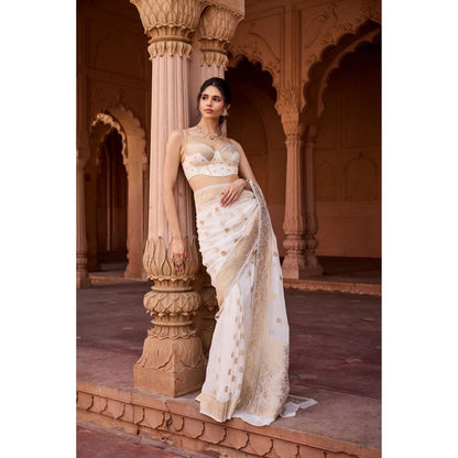 Saanjh by Lea Haniya White Banarasi Pre-Stitched Saree with Stitched Blouse