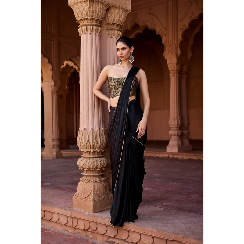 Saanjh by Lea Kanza Black Pre-Stitched Saree with Stitched Blouse