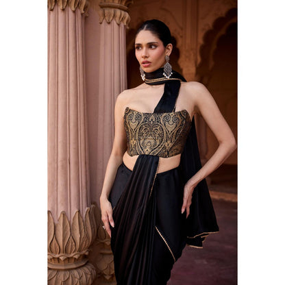 Saanjh by Lea Kanza Black Pre-Stitched Saree with Stitched Blouse