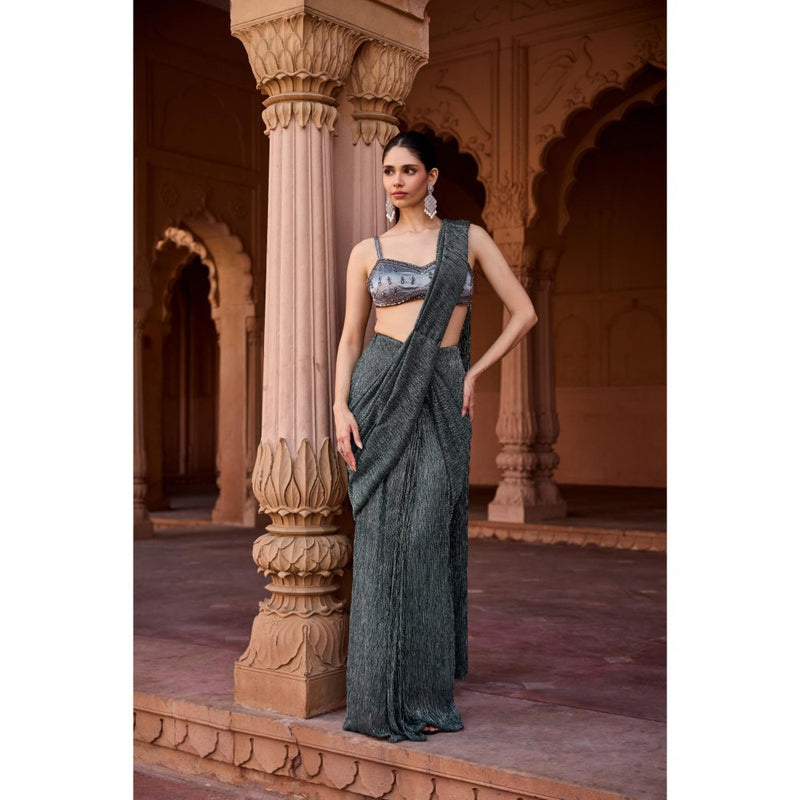 Saanjh by Lea Grey Maahi Livid Shimmer Pre-Stitched Saree with Stitched Blouse