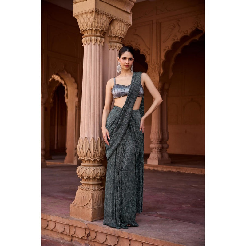 Saanjh by Lea Grey Maahi Livid Shimmer Pre-Stitched Saree with Stitched Blouse