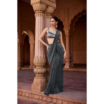 Saanjh by Lea Grey Maahi Livid Shimmer Pre-Stitched Saree with Stitched Blouse