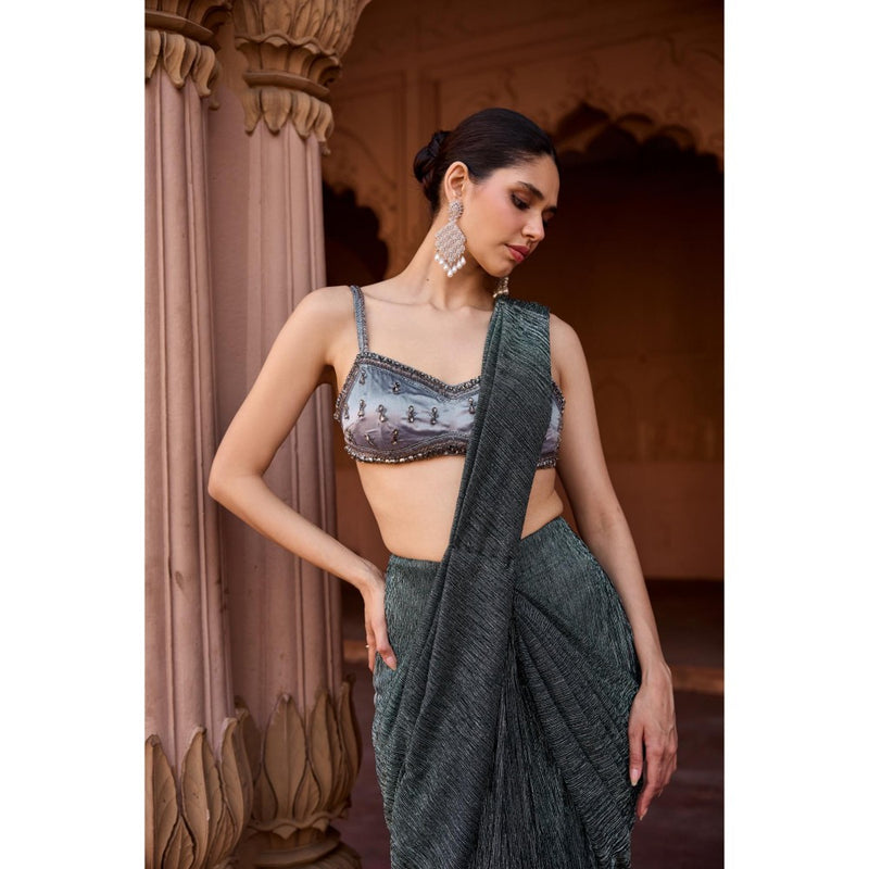 Saanjh by Lea Grey Maahi Livid Shimmer Pre-Stitched Saree with Stitched Blouse