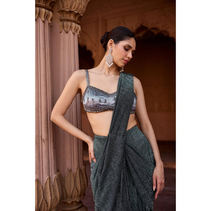 Saanjh by Lea Grey Maahi Livid Shimmer Pre-Stitched Saree with Stitched Blouse