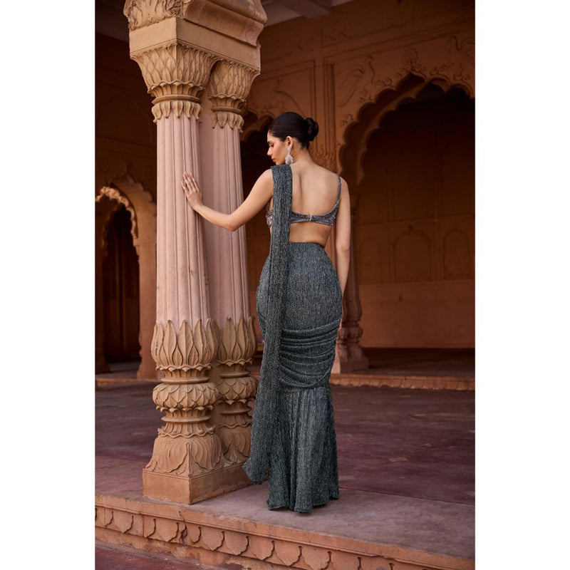 Saanjh by Lea Grey Maahi Livid Shimmer Pre-Stitched Saree with Stitched Blouse